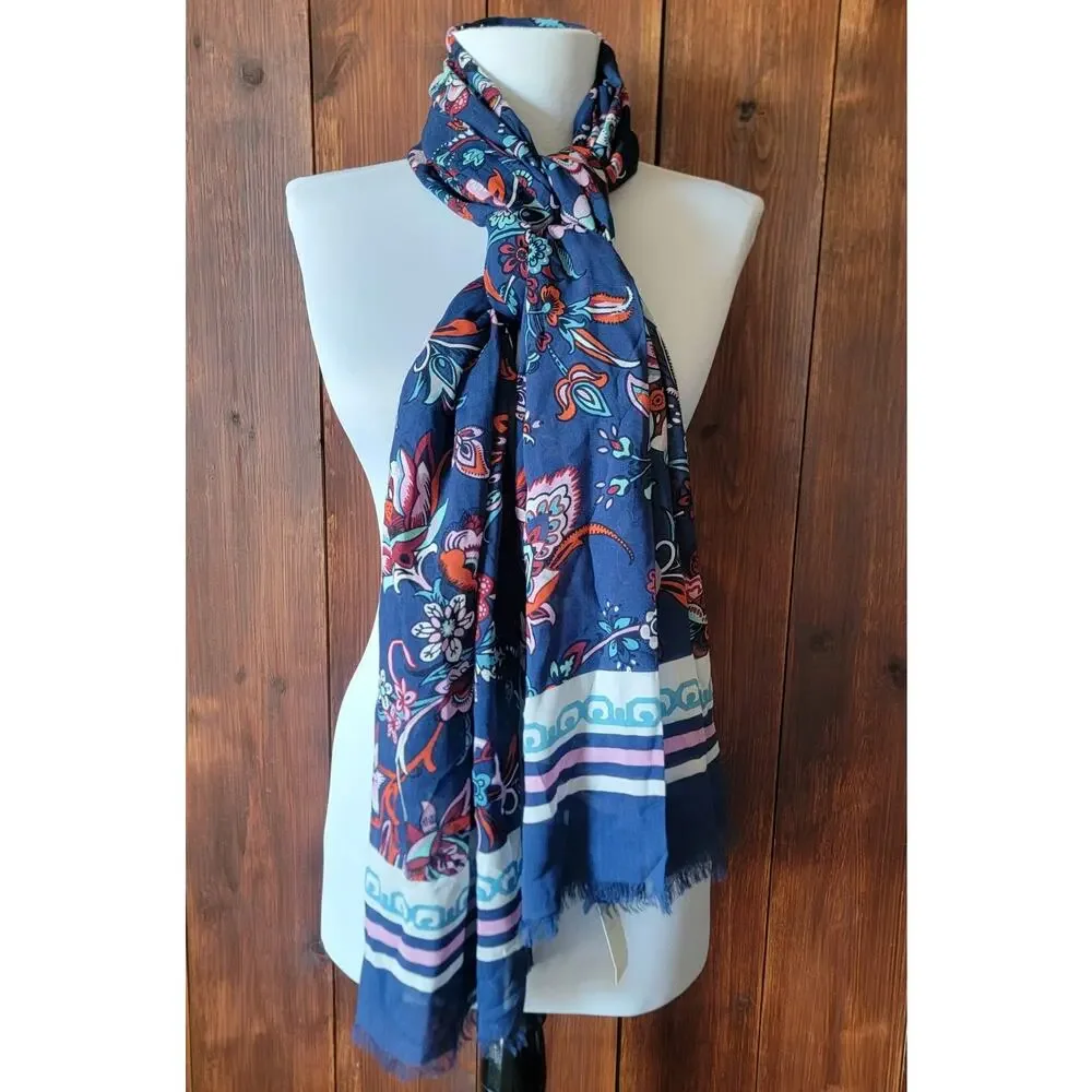 NWT Talbots Blue Floral‎ Scarf 100% Modal Pink Aqua Orange Vibrant Print Fringe